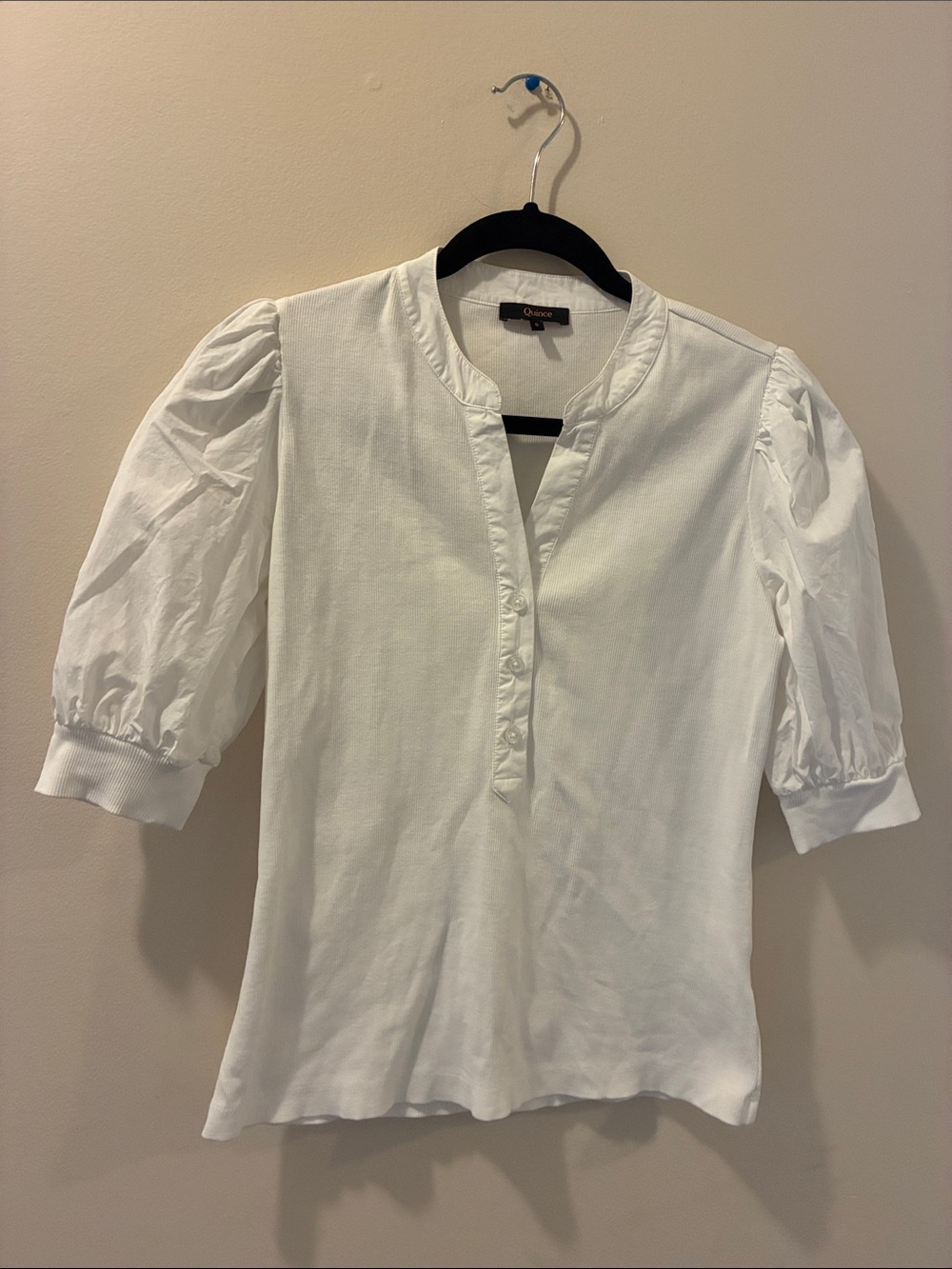 Quince White Puff-Sleeve Top - women’s size small - ribbed